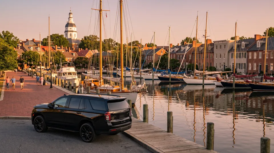Black SUV parked at Annapolis City Dock at golden hour with sailboats and the State House dome